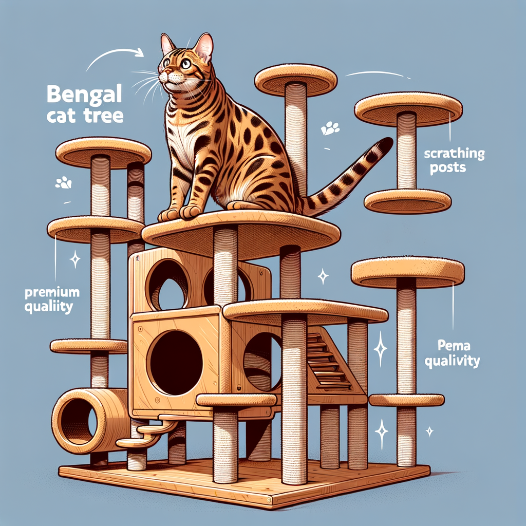 Bengal cat playfully climbing a high-quality Bengal cat tree with multiple levels and scratching posts, showcasing the best cat furniture specifically designed for Bengal cats.