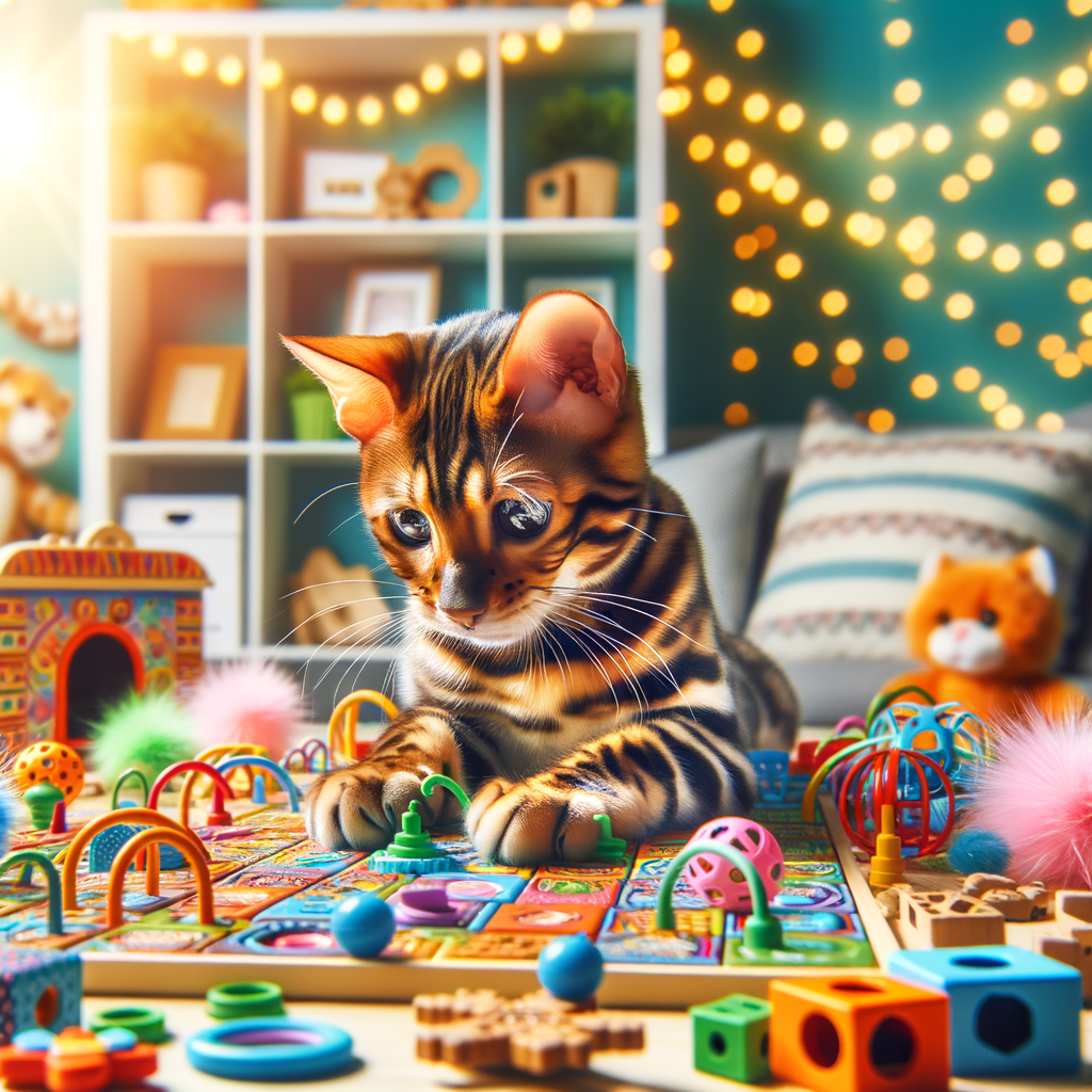Bengal cat engaging in stimulating playtime with interactive puzzle game and various enrichment activities, showcasing Bengal cat games and activity ideas for a pet-friendly environment.