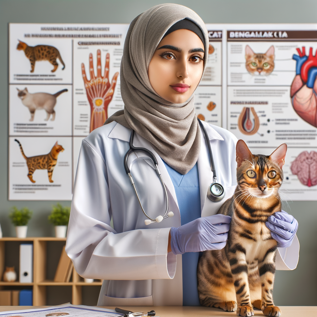 Veterinarian conducting a Bengal Cat Health Check, with visual aids on Bengal Cat Health Issues, Diet, and Care, providing tips for Understanding and Maintaining Bengal Cat Health.