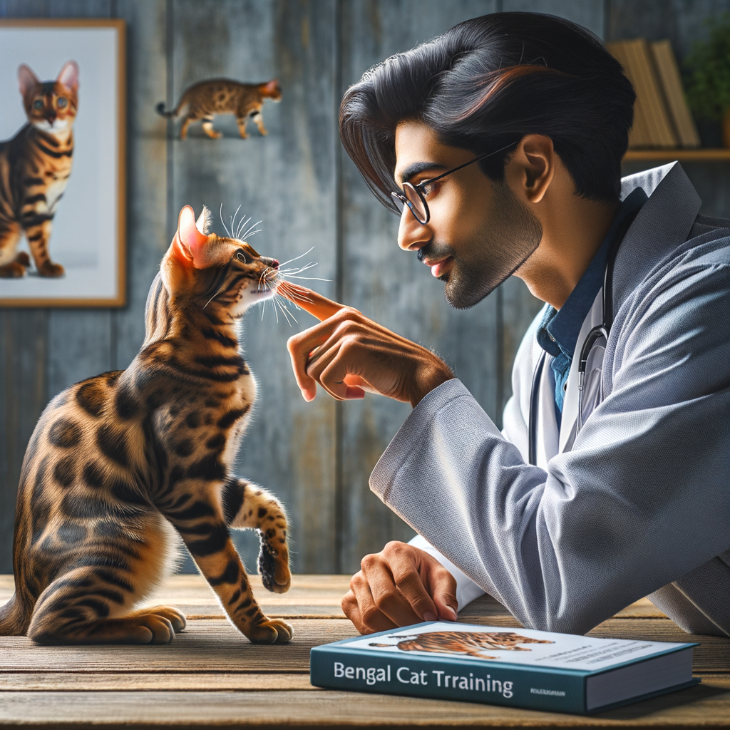 Professional Bengal cat trainer bonding with playful Bengal cat, demonstrating Bengal Cat Care, understanding Bengal Cat Behavior, and steps to bond with Bengal Cats, with a visible guidebook on Bengal Cat Training for building a relationship with Bengal Cats.