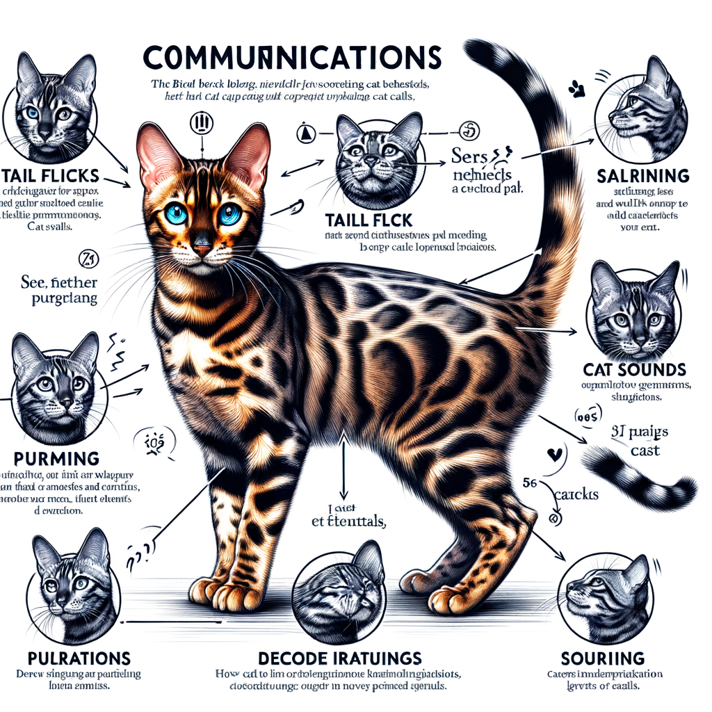 Professional illustration of Bengal cat behavior, demonstrating understanding of Bengal cat signals such as tail flicks and purring, essential for decoding cat body language and understanding cat sounds.