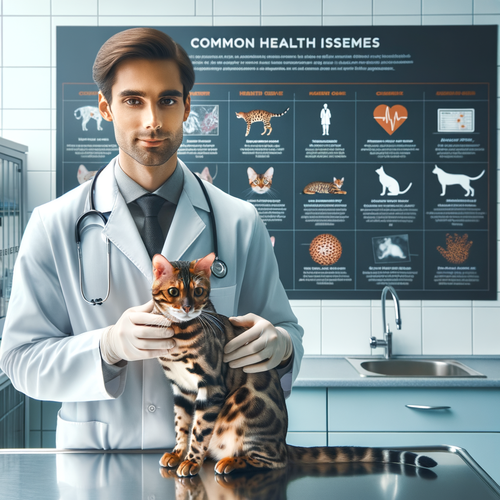 Veterinarian examining Bengal cat for health issues, with a chart of common Bengal cat diseases and early symptoms in the background, emphasizing the importance of early detection and Bengal cat health care.