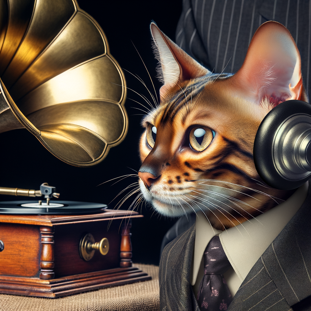 Bengal cat attentively listening to music from a vintage gramophone, illustrating Bengal cats' music preference and their sensitivity to different musical sounds.