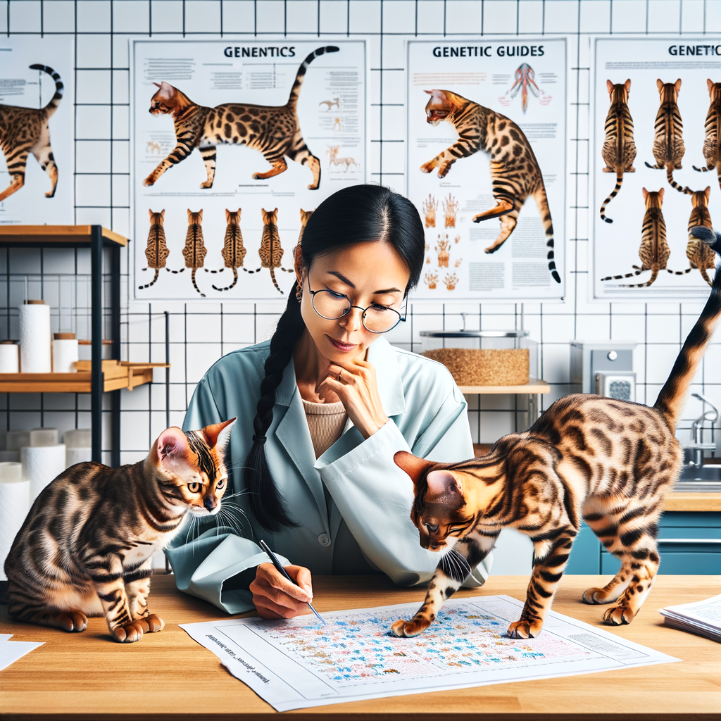 Bengal cat breeder studying Bengal cat genetics chart with playful Bengal cats in a well-organized breeding facility, illustrating Bengal cat breeding process, techniques, and tips behind the scenes.