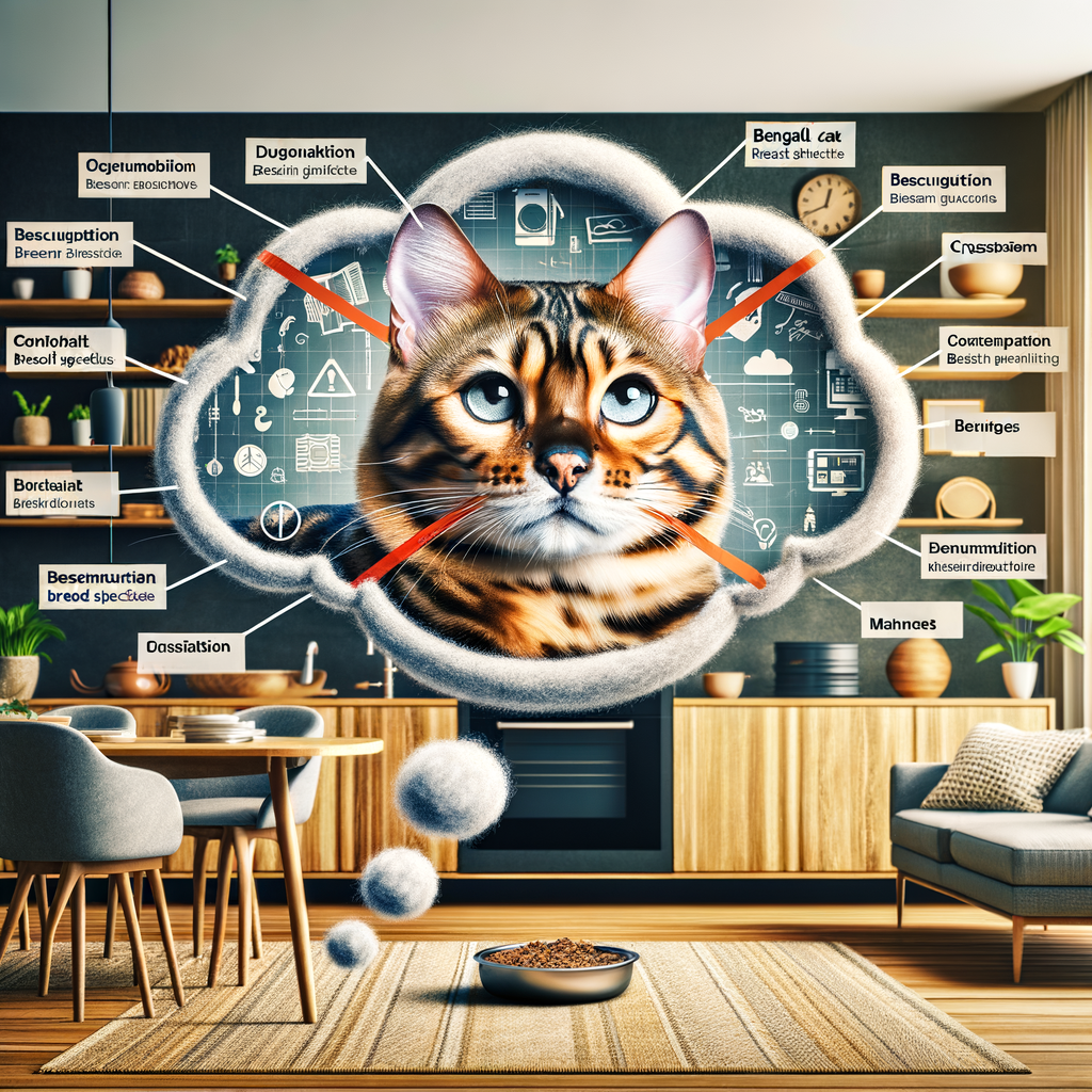 Bengal cat in a home setting with a thought bubble debunking common myths about Bengal cats, emphasizing the truth about Bengal cat characteristics, behavior, and breed information.