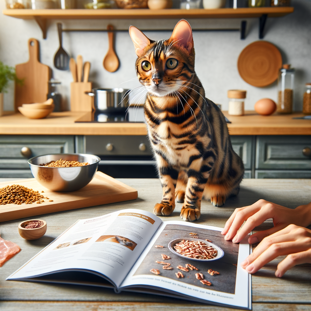 Bengal cat observing the preparation of homemade cat treats from a DIY Bengal Cat Food Recipes book, emphasizing Bengal Cat Diet, nutrition, and care for making healthy, natural cat treats at home.