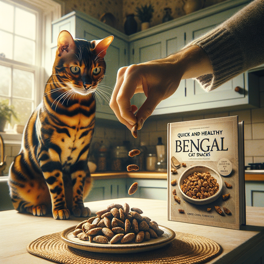 Bengal cat observing homemade cat treats being served, highlighting Bengal cat diet and nutrition with a recipe book 'Quick and Healthy Bengal Cat Snacks' in the background, emphasizing healthy homemade cat food and Bengal cat dietary needs.