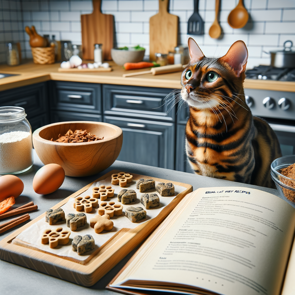 DIY Bengal Cat Food preparation in a professional kitchen with homemade natural cat treats, healthy cat food DIY ingredients, and a Bengal cat observing the process, showcasing Bengal Cat Healthy Recipes book.