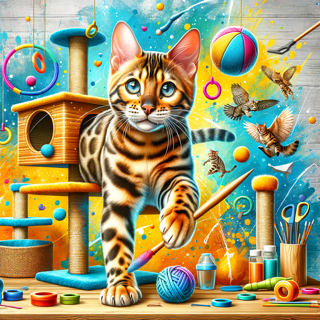 Bengal cat engaging in playtime activities, highlighting the importance of regular play for cats' health, behavior, and exercise needs, demonstrating the benefits and importance of keeping Bengal cats active.