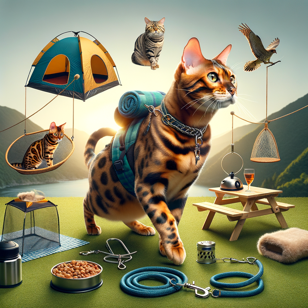 Bengal cat enjoying outdoor activities at a cat-friendly camping site, showcasing safety measures and camping gear for Bengal cats, highlighting the adventure of feline camping adventures.
