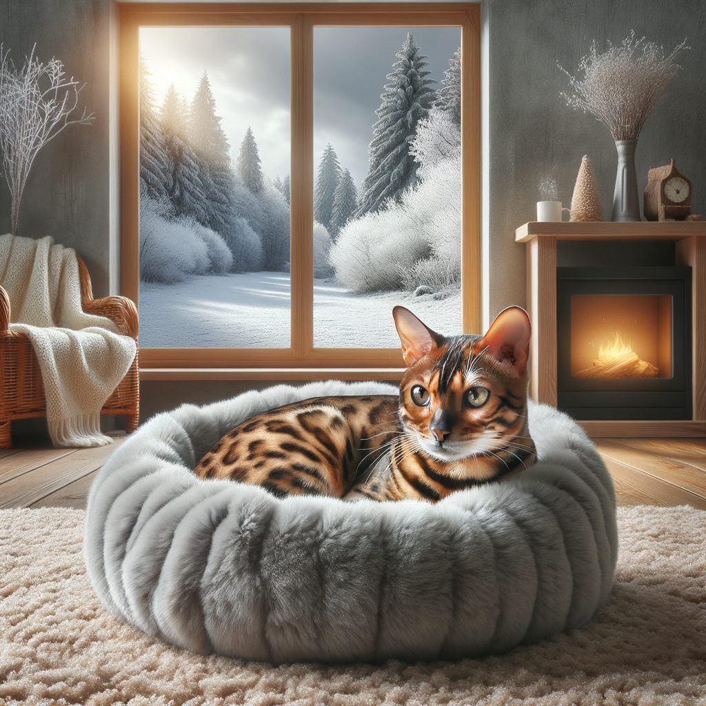 Bengal cat enjoying winter care in a cozy bed, showcasing effective preparations for cold weather, a perfect example of Bengal cat winter tips and cold weather cat care.