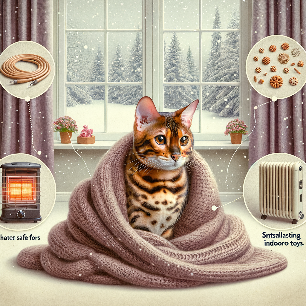 Bengal cat enjoying winter comfort indoors with a cozy blanket, cat-safe heater, and interactive toys, illustrating Bengal cats winter care and indoor activities for cold weather protection.