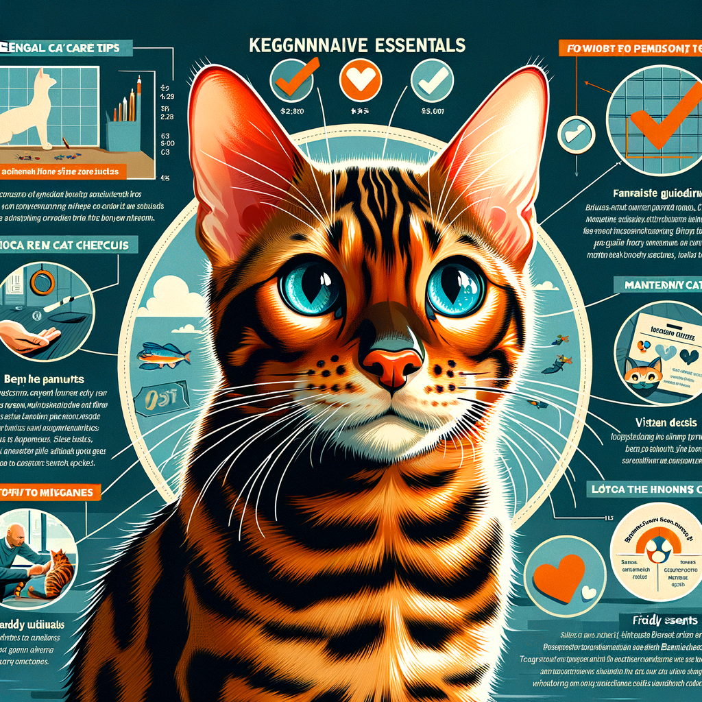 Infographic detailing essential Bengal Cat Care Checklist and Maintenance Tips for First-Time Bengal Cat Owners, highlighting Bengal Cat Care Essentials for Beginners