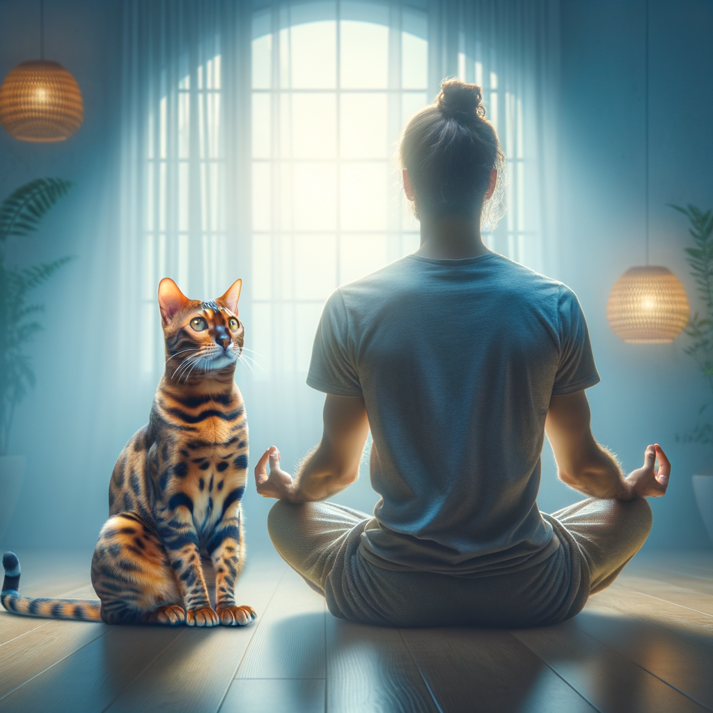 Bengal cat practicing feline mindfulness techniques in a tranquil meditation pose with owner, showcasing effective cat meditation practices and unique Bengal cat mindfulness moments